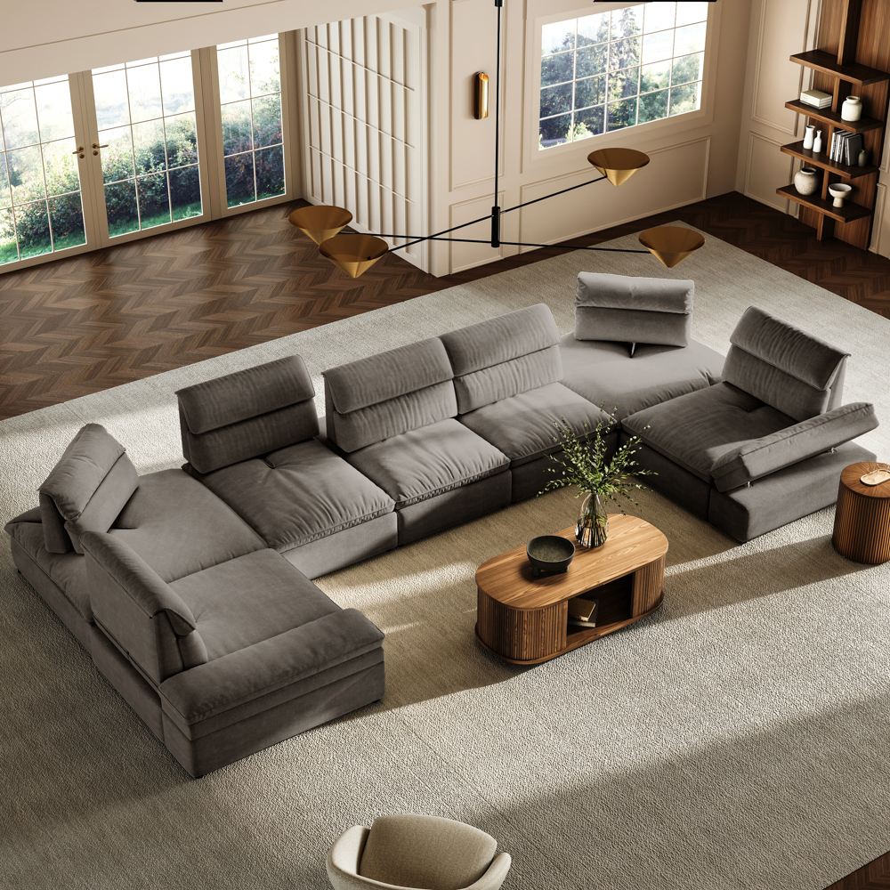 203.94"+U Shaped Sectional Sofa with Adjustable Backrest & Armrests, 23.62"- 35.43"Seating Depth, Segmented Backrest, Anti-scratch and Water-proof Fabric, Gray