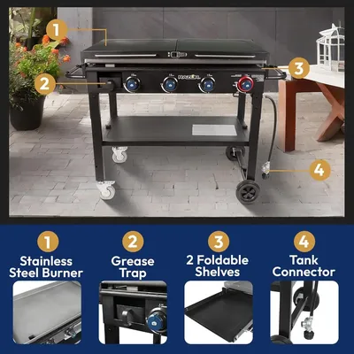 37 Inch Outdoor Steel 4 Burner Propane Gas Grill Griddle with Wheels and Top Cover Lid Folding