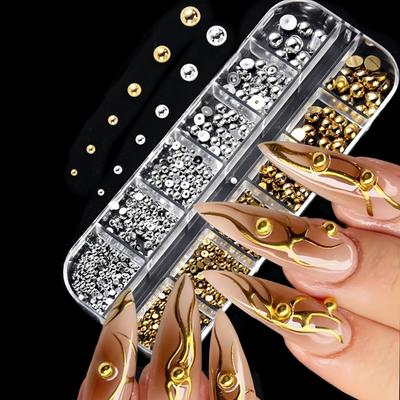 TEMU Set Of 12 Long Strips Of Nail Art Accessories In Golden, Silvery, And Colors, Featuring Flat Half-round Nail Pearls For Diy Manicure Image