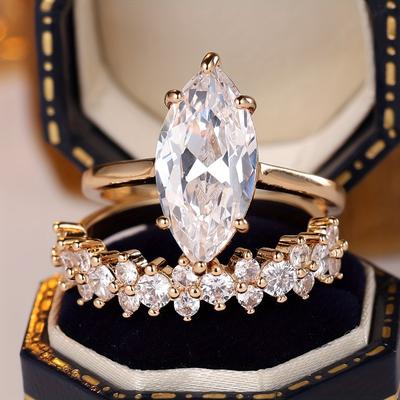 TEMU 2pcs Luxury Elegant White Synthetic Synthetic Zirconia Ring With Micro Pave White Synthetic Synthetic Zirconia Set Image