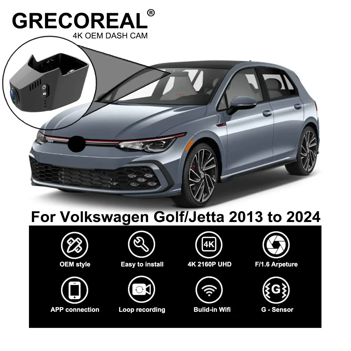 GRECOREAL 4K Dashcam vorne und hinten 2160P WiFi Dual-Kamera-Dashcam kompatibel mit Volkswagen Golf 8 Mk8 Golf 7 Mk7 Jetta Vw Image