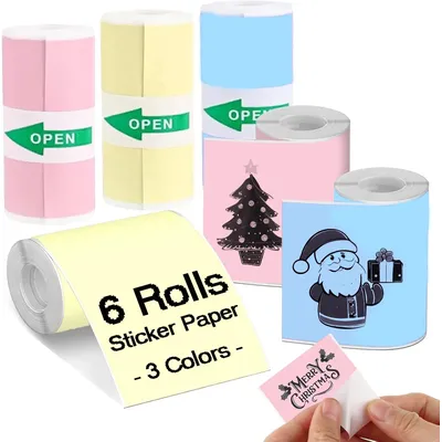 6 Rolls Colored Printer Paper Self-Adhesive Thermal Paper with Black Character on Yellow/Blue/Pink Color Paper for Printer Label