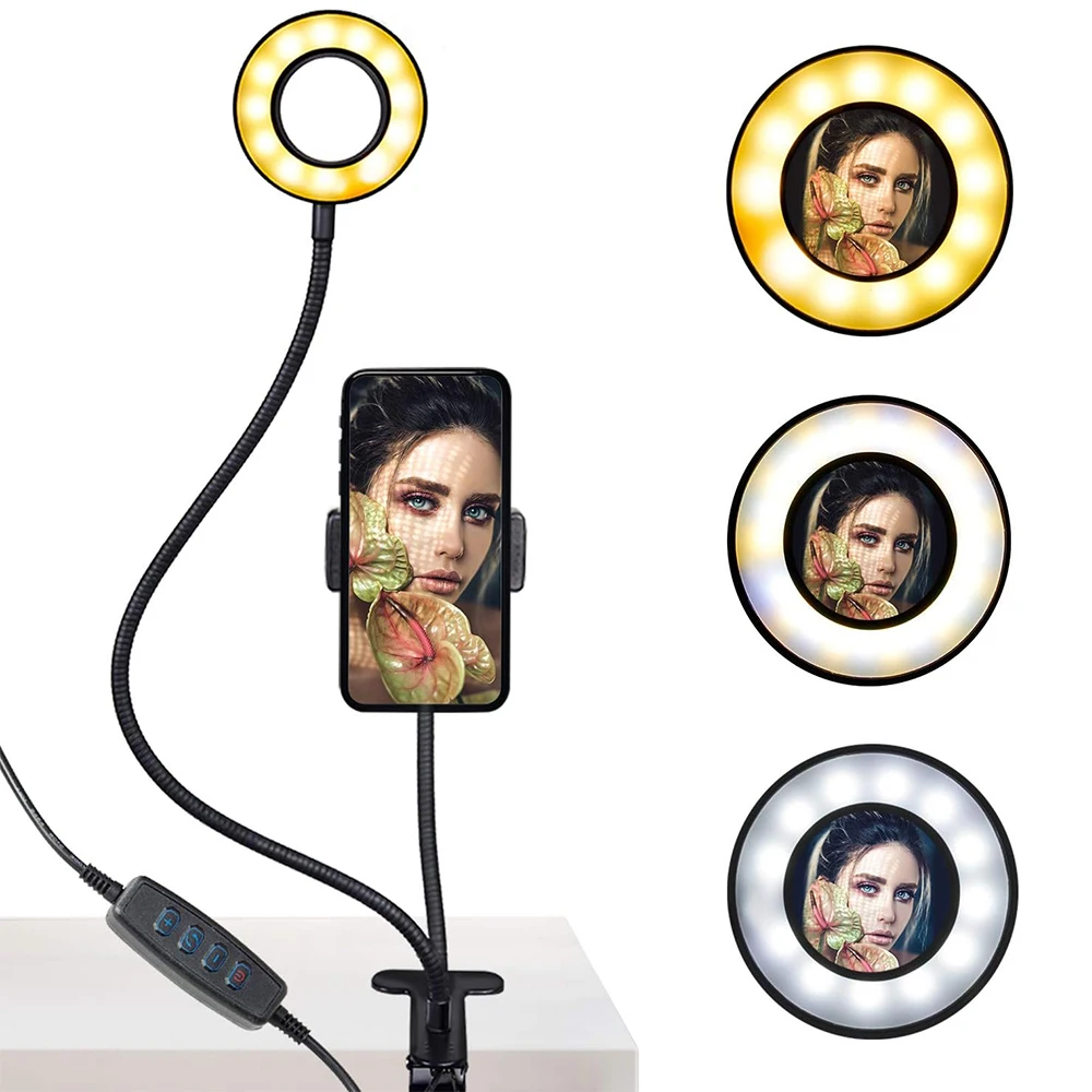Clip-on-LED-Leseleuchte für Kinder, Schreibtischlampe, flexibler Schwanenhals mit Telefonhalter, Lazy Selfie Ringlicht, LED-Make-up-Spiegel-Lichter