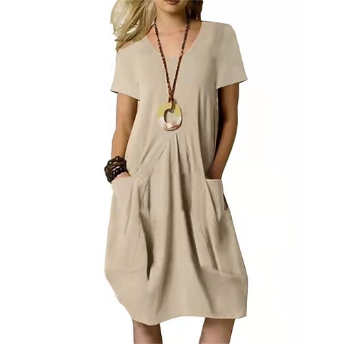 Damen Minikleid Kunstbaumwollleinen Shiftkleid Freizeitkleid Stilvoll Basic Lässig Täglich Urlaub Normale Passform Einfach Kurzarm V Ausschnitt Schwarz Khaki Armeegrün Sommer Frühling Image
