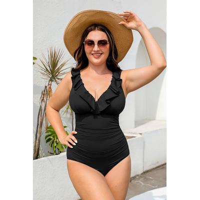 Plus Size Black Ruffled Slim Sculpt One Piece Swimsuit