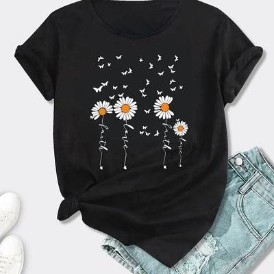 TEMU Women' Daisy & Print Soft Comfortable T-shirt - Casual Short Sleeve Round Neck Relaxed Fit Summer Top, Machine Washable, Everyday Top, Whimsical Style, Breathable Material, Print Top, Adults Image