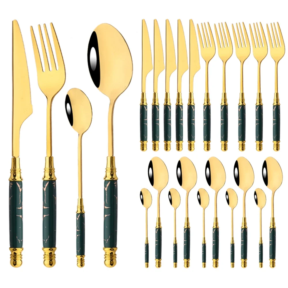 24Pcs Grün Gold Geschirr Set Edelstahl Besteck Set Küche Gabel Messer Löffel Geschirr Set Besteck Set Besteck Set Image