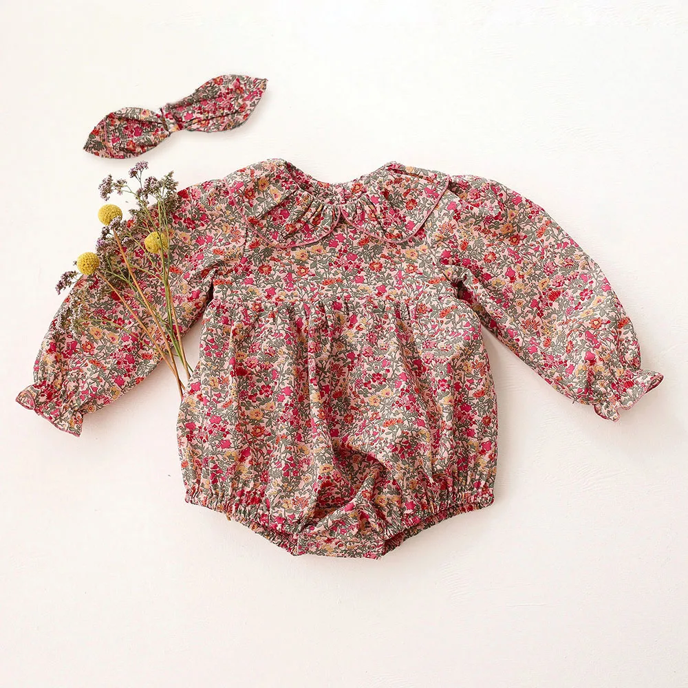 2Pcs Neugeborenen Baby Mädchen Romper + Haarband Baumwolle Floral Revers Floral Neugeborenen Strampler Infant Onepiece Mode Baby Kleidung Image