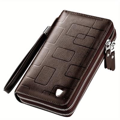 TEMU Men's Genuine Leather Zipper Wallet - Large Business Clutch Bag With Wrist Strap, Phone Holder & Multiple Compartments, Brown, Purse Strap Image