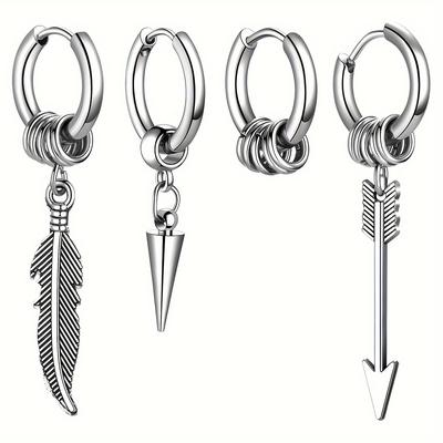 TEMU Men's And Women's 4pcs Punk Feather Arrow Hanging Hoop Earrings, Gothic Stainless Steel Earrings, Suitable For Daily Or Party Use, As Gifts Image