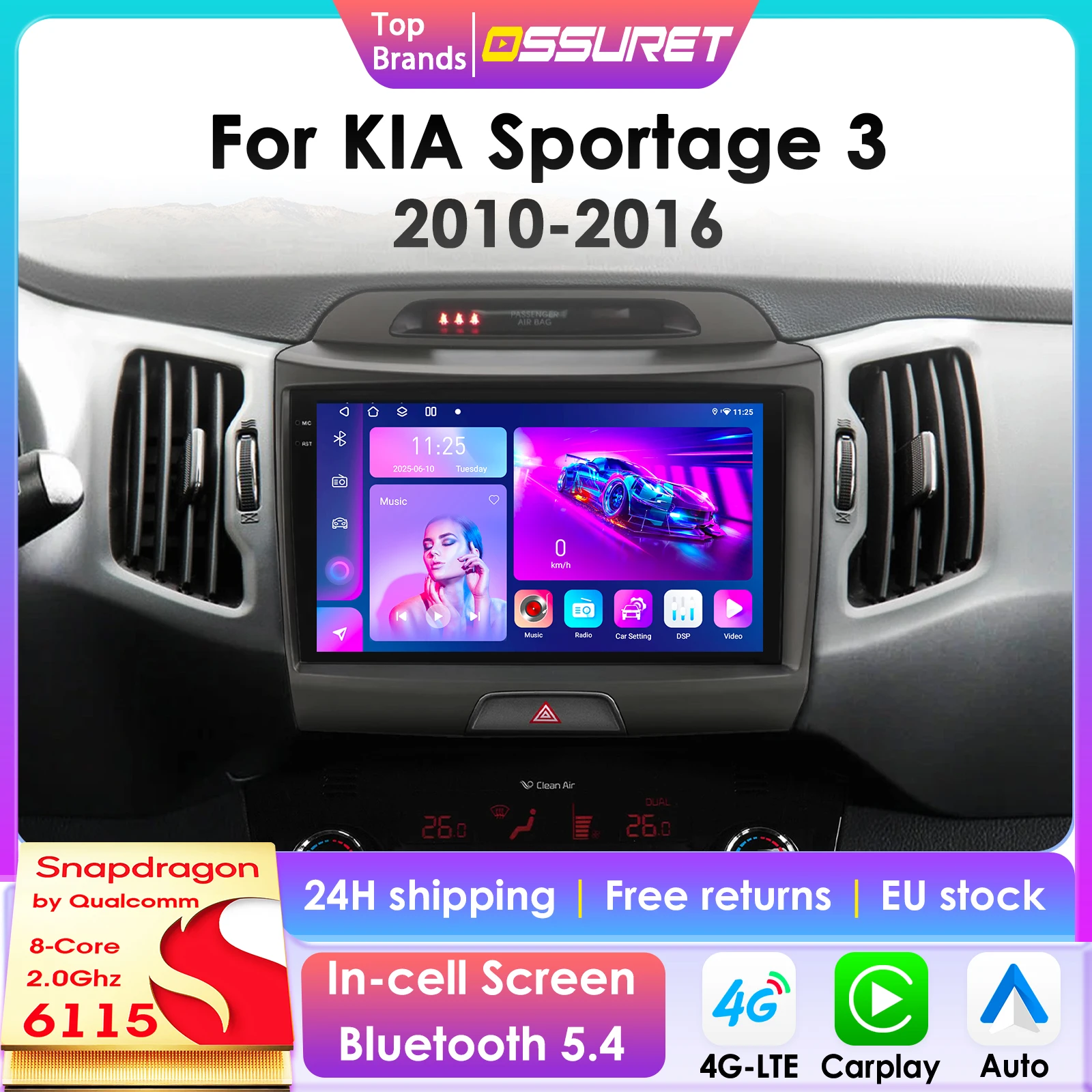 2Din Android 14 Auto Radio Für KIA Sportage 3 2010-2016 Auto Multimedia GPS 4G Carplay intelligente Bildschirm autoradio AI Stimme 6115 Image