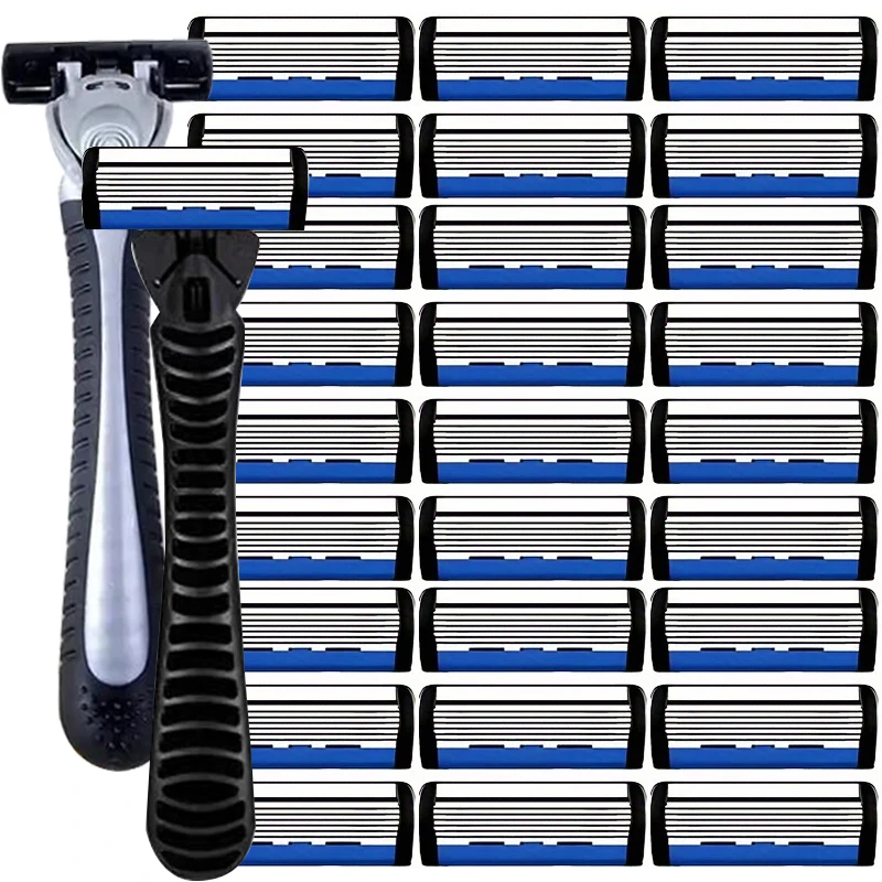 6-lagiger Sicherheitsrasierer aus Edelstahl, Rasierer-Set, Herrenrasierer, blauer Körper, Gesichts-Haarentfernungsmesser, manuelle Sicherheitsrasur Image