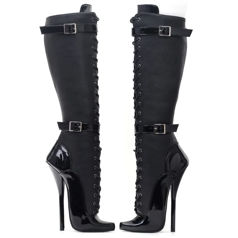 Caca 18cm Absatz Frauen kniehohe Stiefel, Nachtclub Pole Dance Schuhe, Männer lange Botas, vordere Schnallen. Schnürung, schwarz, benutzer definierte Größe, Drops hip