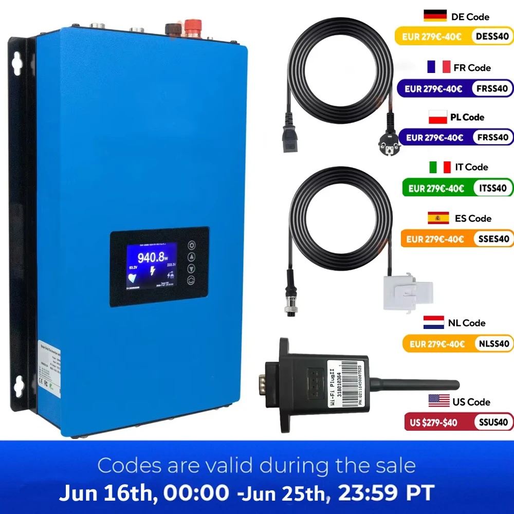 1 kW 2 kW On Grid Tie Solarwechselrichter 1000 W 2000 W für Solarpanel und Batterie mit Limiter und WIFI-Stecker DC 22–65 V 45–90 V 60–110 V Image