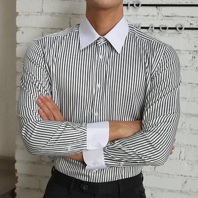 Men's Shirt Dress Shirt Button Up Shirt Stripe Wedding Party Black White Light Green Blue Long Sleeve Lapel Spring Fall Clothing Apparel