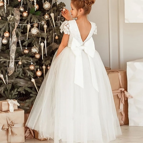 Blumenmädchenkleid Mädchen Kleid Prinzessinenkleid Kleid für die Erstkommunion Party Kleid Leistung Hochzeit Party Prinzessin Süß Gitter Bedruckt Blume Kurzarm Rundhalsausschnitt Weiß 3-12 Jahre Image