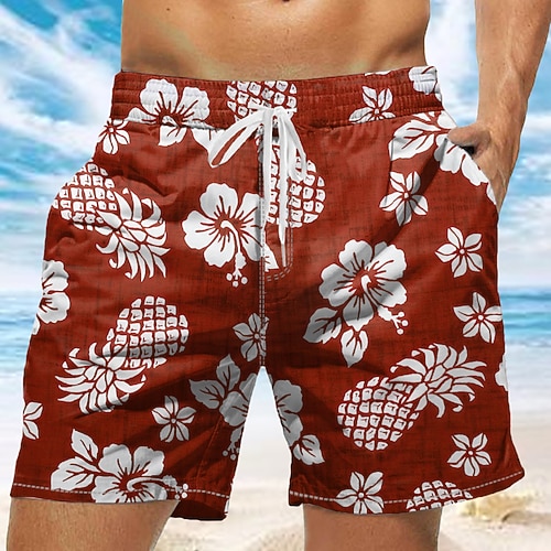 Herren Ananas Tropische Blumen Badehosen Badeshorts Boardshorts Mittlere Taille Tropisch Streetwear Hawaiianisch Urlaub Täglich Ferien Kordelzug Elastischer Bund 3D-Druck Designer Bekleidung Image