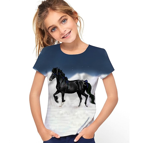 Kinder Mädchen T-Shirt T-Shirt Kurzarm Schmetterling Katze Pferd Farbblock 3D-Tierdruck Seeblau Marineblau Kinder-Oberteile Basic Streetwear niedlich Image