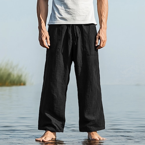 Herren Hose Sommerhose Baggy-Hosen Strandhose Freizeithose Kordelzug Fronttasche Gerader Schnitt Einfach Komfort Weich Volle Länge Yoga Ferien Strand Mode Hawaiianisch Schwarz Weiß Image