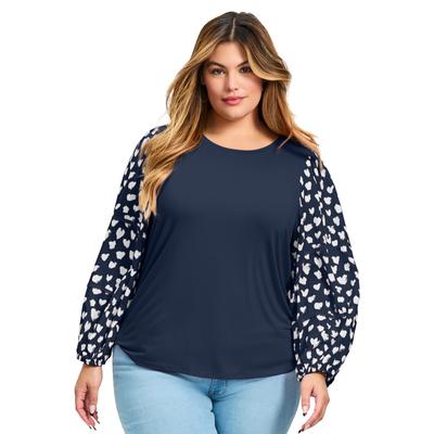 Plus Size Women's Mix Media Heart Sleeve Top by Avenue in Navy (Size 30/32)