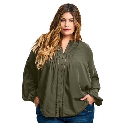 Plus Size Women's Gabby Embroidered Pintuck Shirt by Avenue in Olive (Size 20)