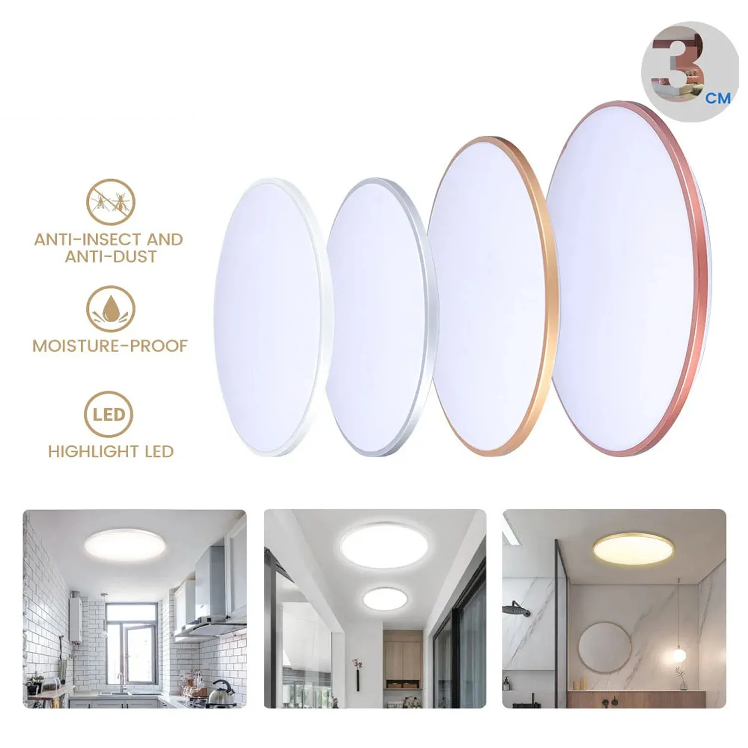 3 cm ultradünne LED-Deckenleuchte, wasserdicht, staubdicht, Badezimmer-Deckenleuchte für Wohnzimmer, Schlafzimmer, 220 V