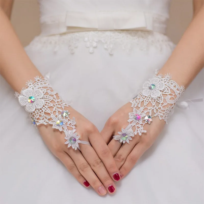 Braut Hochzeit Strass Spitze Handschuhe Blumen handschuhe Braut kurze finger lose Accessoires Dinnerpartys Abschluss ball Oper für Frauen Image