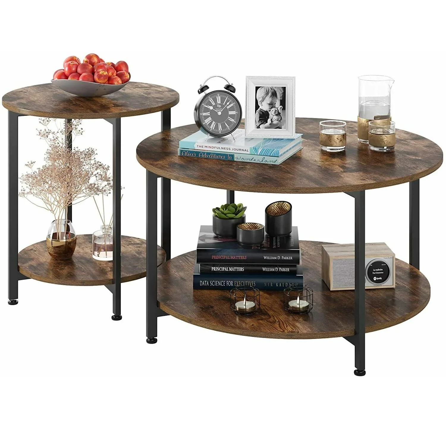 Homfa Runde Couchtische, 2er-Set, Nachttisch, industrielle Beistelltische, Beistelltische für Wohnzimmer, Schlafzimmer, Büro, Couchtisch