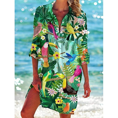 Womens Mini Dress Camicia Vestito Camicie Hawaiane Fluttuante Spiaggia Foglia Lunghe Maniche Lunghe Colletto Bottoni Stampa Vestibilità Formale Verde Estate Vestiti da Spiaggia