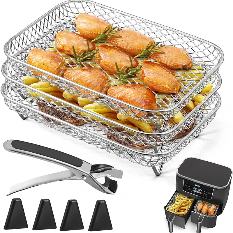 Air Fryer Zubehör 3-lagiger rechteckiger stapelbarer Dörrgerät-Grillständer für Ninja Dual/Double/Two Basket Airfryer Oven Backen Image