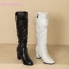 2024 neue Winter Süße Schwarz Weiß Frauen Kniehohe Stiefel Sexy Platz High Heels Dame Reiten Schuhe Plus Kleine Große größe 33 43 45 52