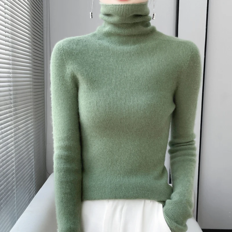 100% Merino Wool Long-sleeved Turtleneck Pullover Women's Autumn Winter Slim Sweater Basic Women's Clothes Cashmere Sweater