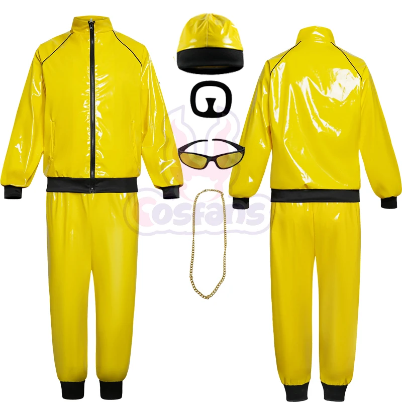 Neue Herren 90er Jahre Rap Sänger Kostüm gelb Sportswear schwarze Bande Neuheit Erwachsenen Kostüm Sonnenbrille Goldketten Bart Accessoires Image
