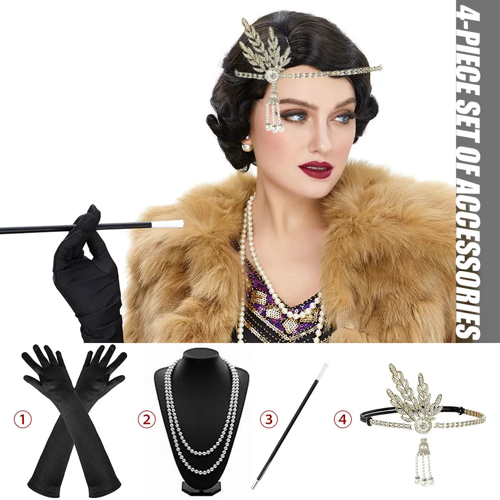 4pcs 1920s tolles Gatsby Zubehör Set, Flapper Kostüm zubehör brüllend 20s Zubehör für Frauen Flapper Kopf bedeckung Image