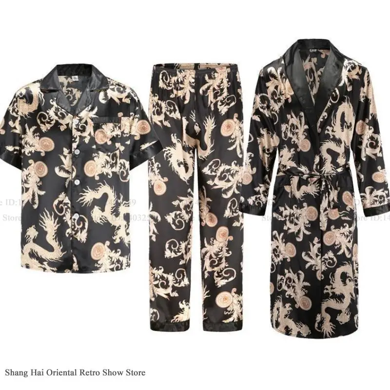 PLUS GRÖßE Eis Seide Robe Männlich Casual Hause Kleidung Drucken Hemd Hosen Sommer Herbst Bademantel mit Tasche Lose Nachtwäsche Loungewear