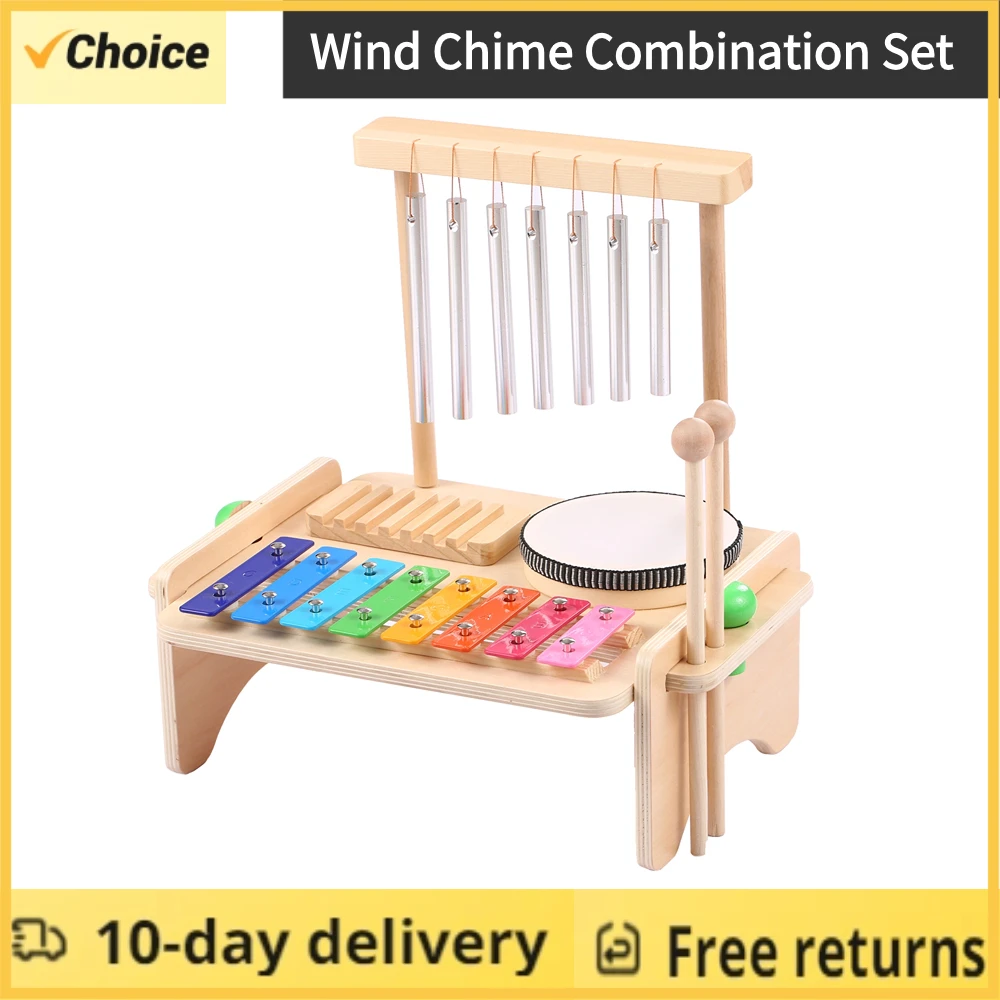 Windspiel Kombination Kinder Schlagzeug Set Windspiel Xylophon Trommel Holz Guiro Schaber 4-in-1 Musik instrumente Set mit 2 Schlägeln