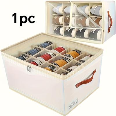 TEMU 1pc Elegant Beige Shoe Storage Box With Transparent Pvc Lid, Foldable And Moisture-proof, Thickened Design For Dormitory And Wardrobe Organization Image