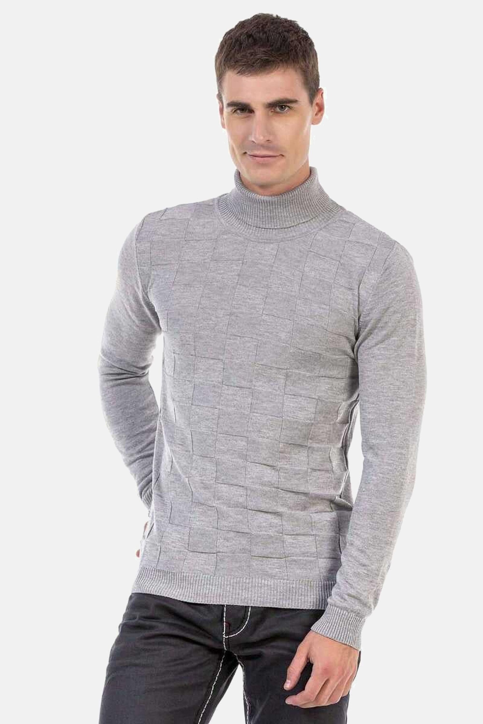 Rollkragenpullover CIPO & BAXX "Pullover", Damen, Gr. M, grau (lightgrau), Feinstrick, 65% Polyester, 35% Viskose, unifarben, regular fit, Rundhals, Pullover Rollkragenpullover, mit kariertem Strickmuster, CP241