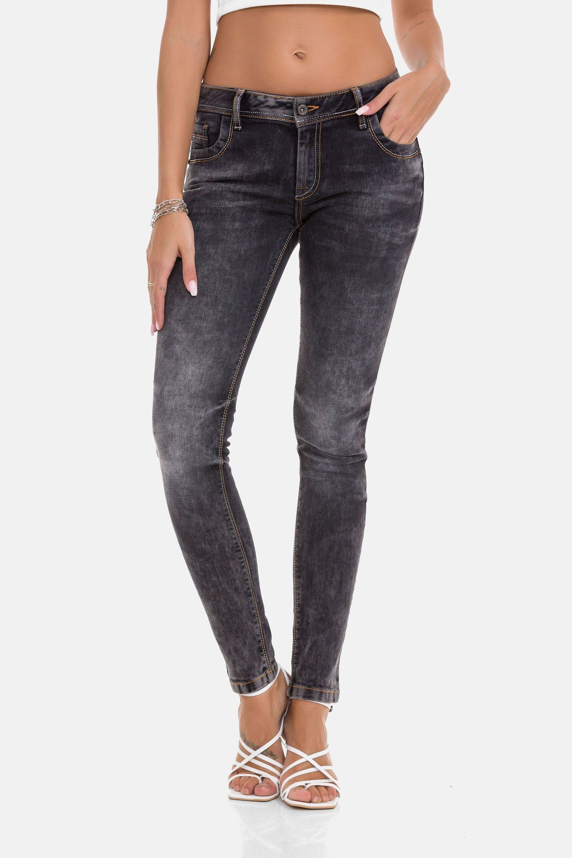 Slim-fit-Jeans CIPO & BAXX "Jeans", Damen, Gr. 29, Länge 34, grau (anthrazit), 98% Baumwolle;2% Elasthan, unifarben, slim fit lang, Jeans, im Used-Look, WD443 Image