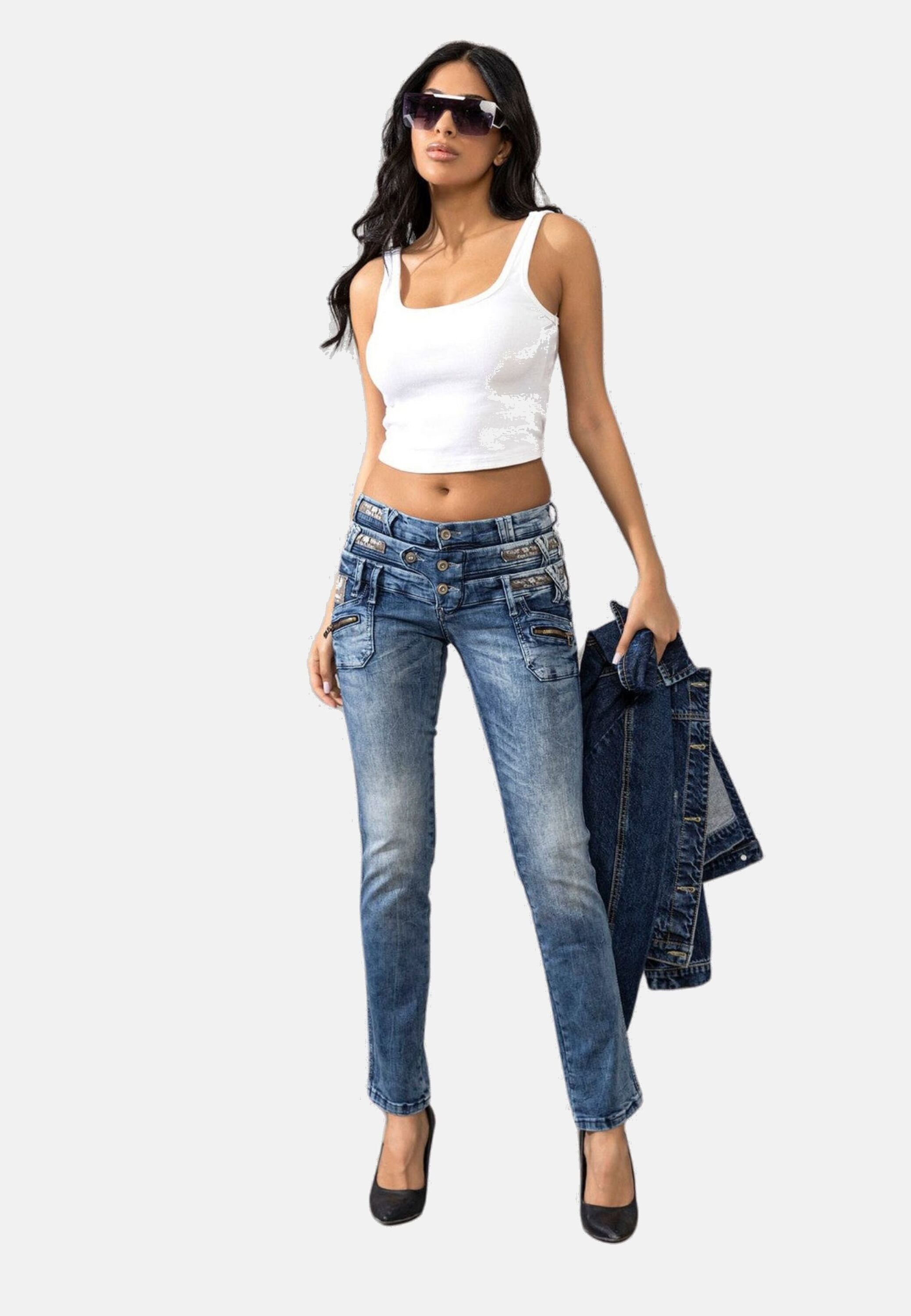Slim-fit-Jeans CIPO & BAXX "Jeans", Damen, Gr. 27, Länge 34, blau, 98% Baumwolle;2% Elasthan, unifarben, Basic, slim fit lang, Jeans, mit Dreifachbund, WD345 Image