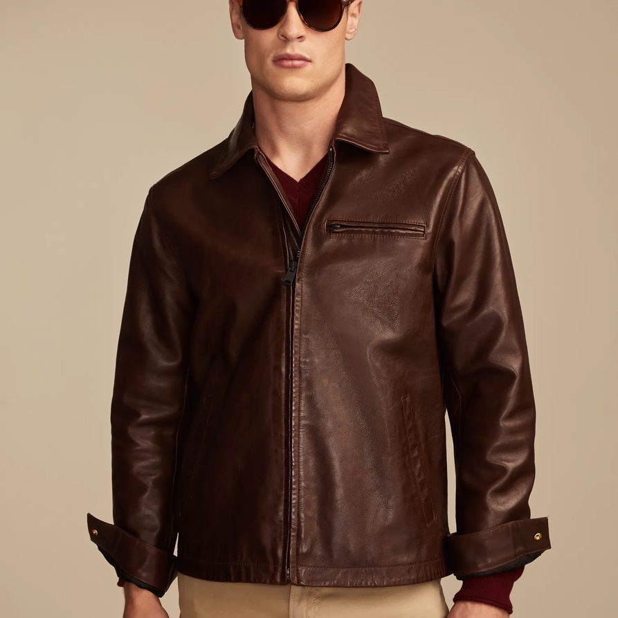 Lucky Brand Leather Touring Jacket - Men's Clothing Outerwear Jackets Coats in Brown, Size L
