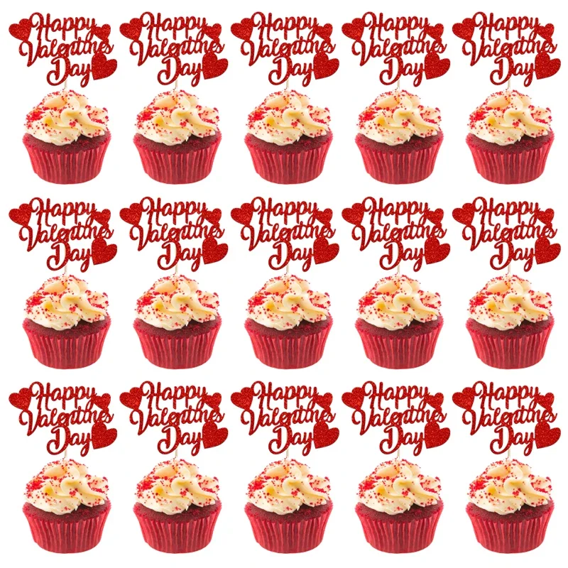 YOMDID 24 Stück Cupcake-Topper zum Valentinstag, glitzernde rote Dekorationen, Cupcake-Picks zum Valentinstag, Geschenk zum Valentinstag Image