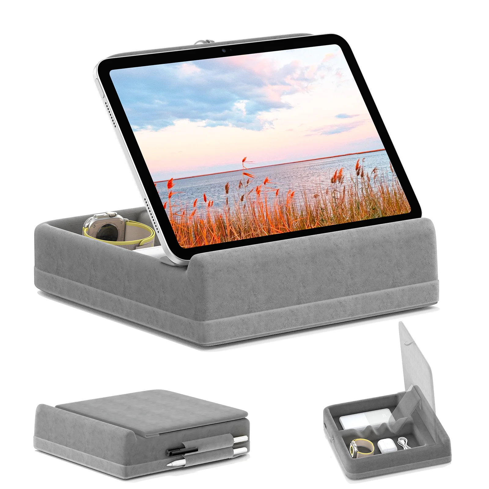 Tablet-Kissenständer mit Stauraum, faltbarer iPad-Halter für Bett, Schoß und Schreibtisch, winkelverstellbares Soft-Pad-Dock mit Stylushalterung Image