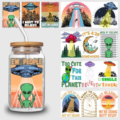 5 Blatt Alien UV DTF Getränkehalter 16 oz, lustige Alien DTF Getränkehalter Transferglas, wasserfeste Aufkleber, Reibungsübertragungsaufkleber Image
