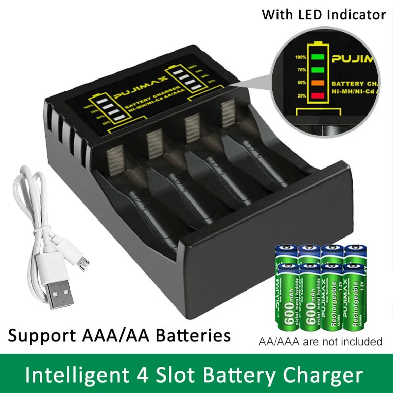 Battery Charger 4 Slot Intelligent Fast Charge With Indicator For 1.2V NiMH NiCd AAA/AA Rechargeable Batteries USB C Micro Jack Image