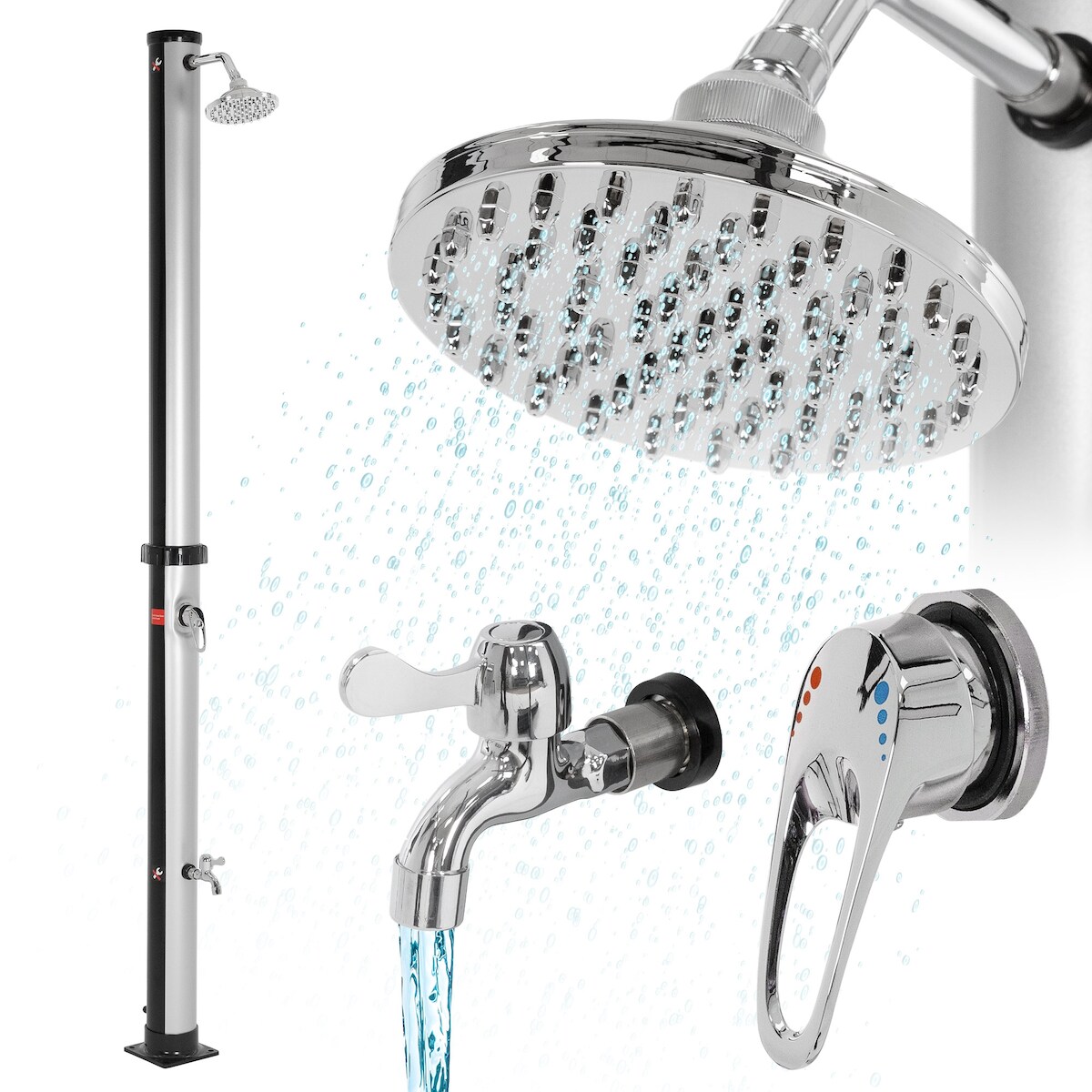 ML-Design Solardusche 20L Rund 210 cm Silber-Schwarz – Mit Fußdusche & Regenduschkopf, warmes Wasser bis 60°C, Gartenschlauch-Anschluss, Außendusche Image