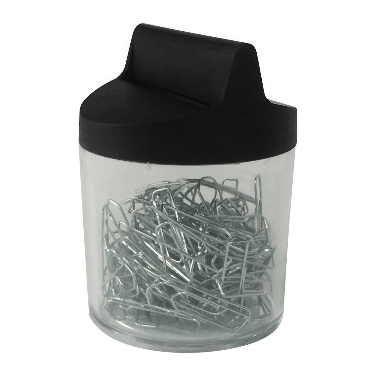 100x Büroklammernspender schwarz mit Magnet rund gefüllt mit 125 Büroklammern 26mm Image