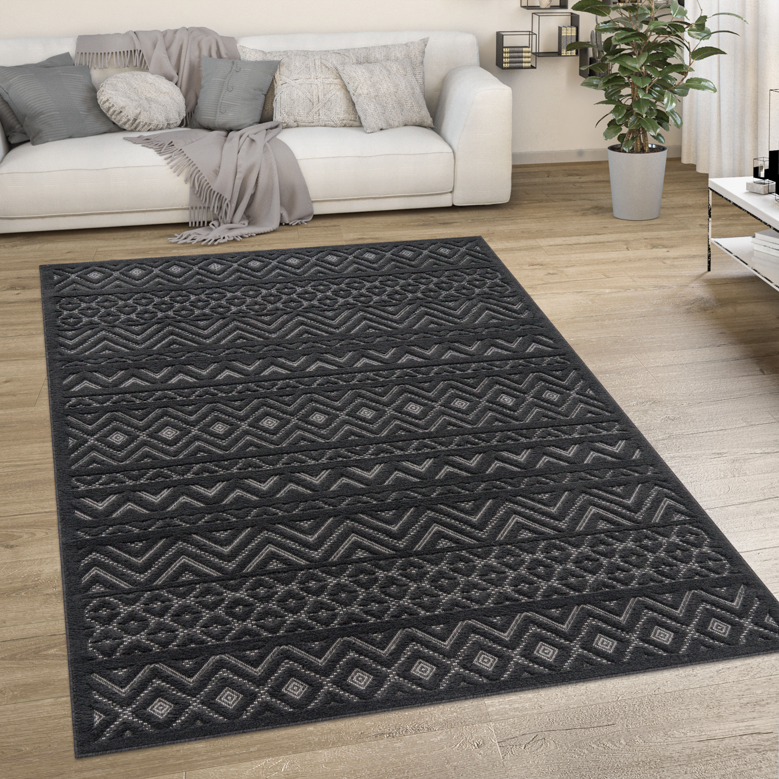 Teppich PACO HOME "Livorno 673", grau (anthrazit), B:120cm H:14mm L:160cm, Polypropylen, Teppiche, Uni-Farben, Scandi, Rauten Muster, Hoch-Tief Effekt, Outdoor geeignet Image