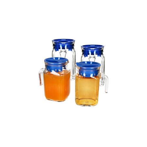 4x KORA Kühlschrankkrug mit Deckel blau 0,5L Henkel Glas-Karaffe Kanne Saft Wasser
