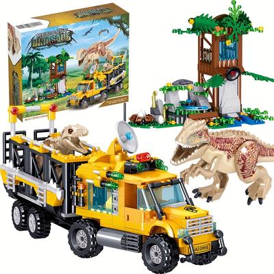 TEMU 546pcs Blocks Set - Abs Construction Toys With Realistic Dinosaur And Vehicle Models, Includes Display , Ideal Birthday Gift For , Dinosaur Toys